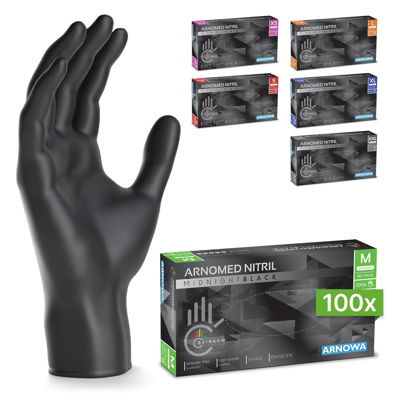 100x ARNOMED® Gants en nitrile taille M Noir, Gants à usage unique pour chirurgie & laboratoire, Gants en nitrile sans poudre et sans latex, Moufles en nitrile en XS, S, M, L, XL, XXL