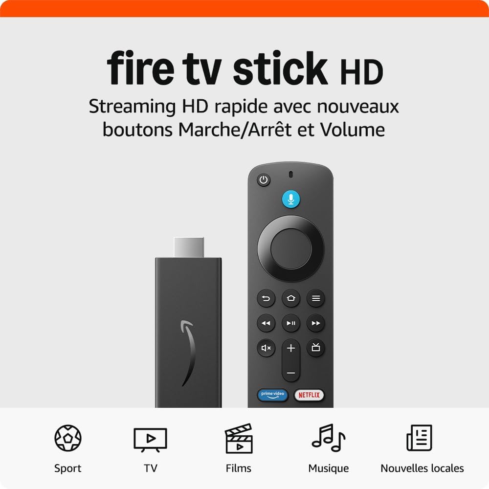 Amazon Fire TV Stick HD, TV gratuite et en direct, télécommande vocale Alexa, contrôle de la maison connectée, streaming HD