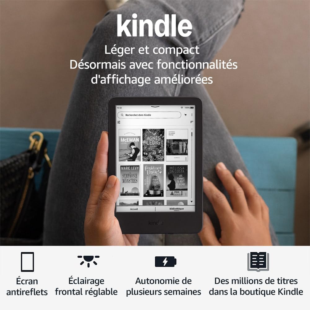 Amazon Kindle (Nouvelle génération) - Le plus léger et compact, avec écran antireflets, changements de page plus rapides et éclairage avant réglable - 16 Go - Sans publicités - Noir