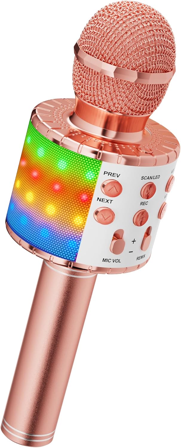 Ankuka Microphone karaoké sans fil portable 4 en 1 Bluetooth avec lumières LED dansantes, lecteur KTV compatible avec appareils Android et iOS pour fêtes/enfants