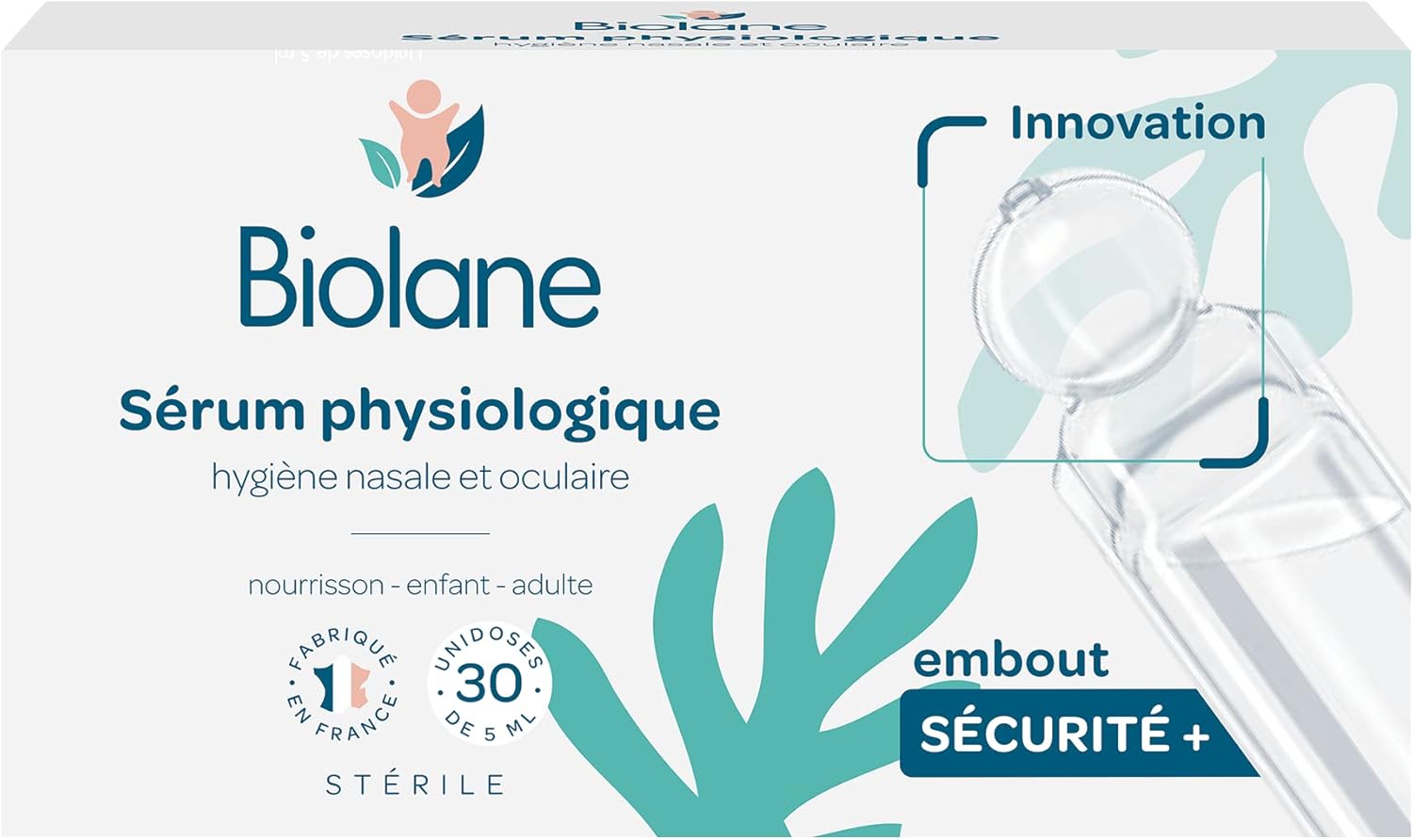 BIOLANE - Sérum Physiologique - Bébé - Nettoie le nez et les yeux - Dès la naissance - Embout rond sécurité - 30 Unidoses - Fabriqué en France