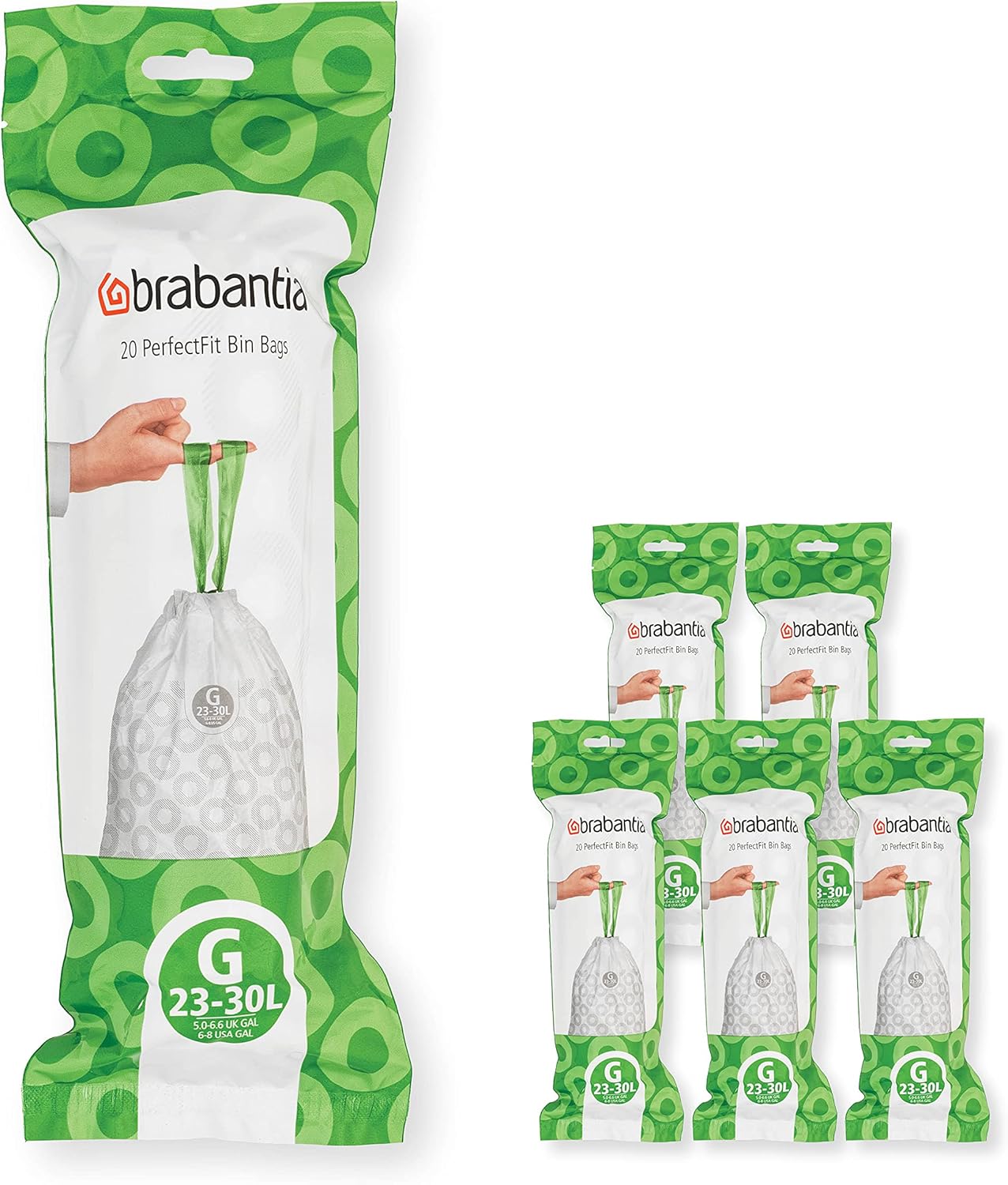 Brabantia Sacs Poubelle PerfectFit Multipack (Code G/23-30 Litres) Ultra Résistant, Poignées Coulissantes, 6 rouleaux (120 Sacs) 138423 Blanc