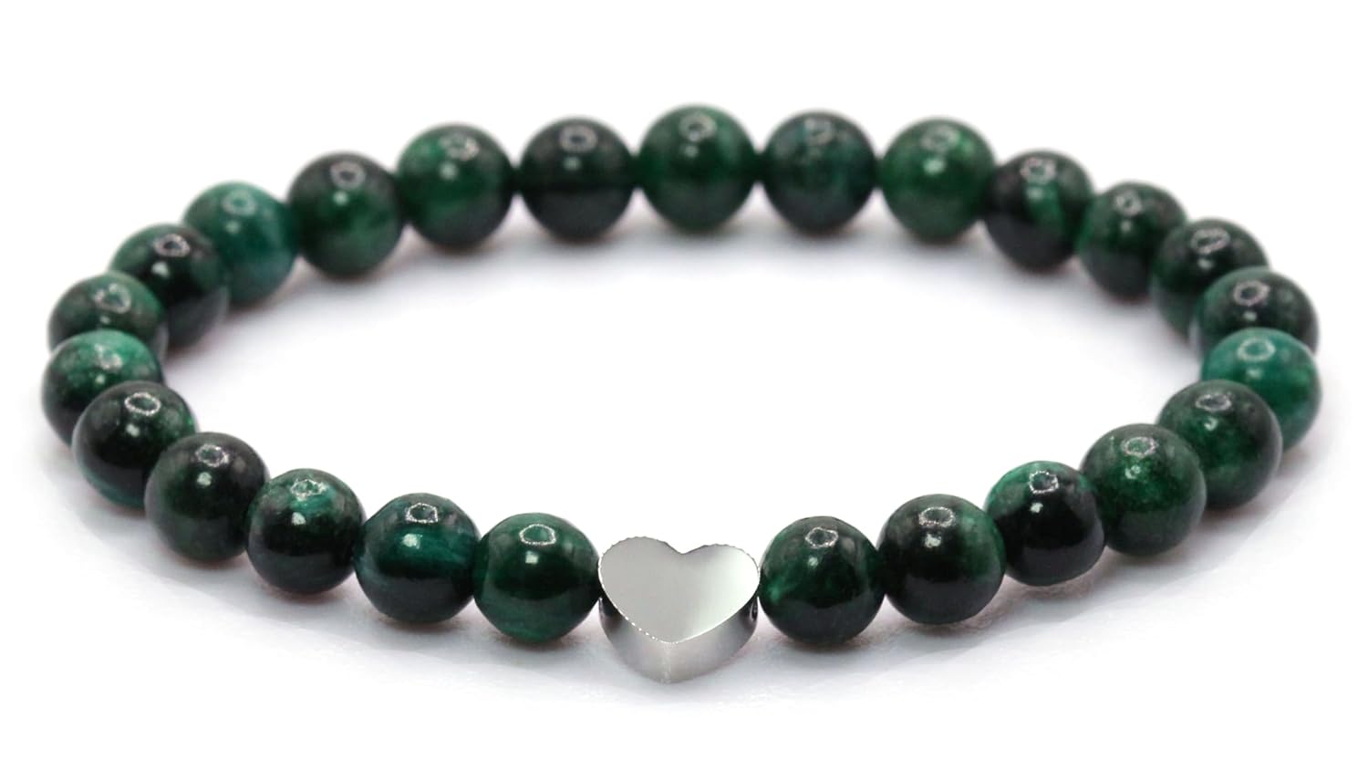 Bracelet en émeraude véritable pierre précieuse avec perles rondes de 6mm et cœur en acier inoxydable - différentes longueurs - bracelet en pierres précieuses porte-bonheur talisman cadeau