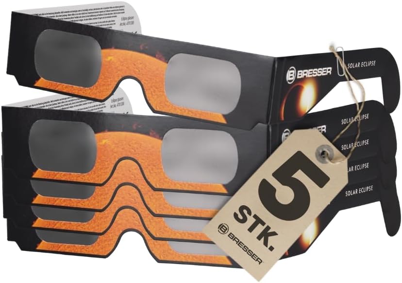 Bresser Lunettes pour éclipse Solaire pour Une Observation sécurisée du Soleil (5 pièces), avec Filtre à lumière Blanche, Conforme ISO 12312-2:2015