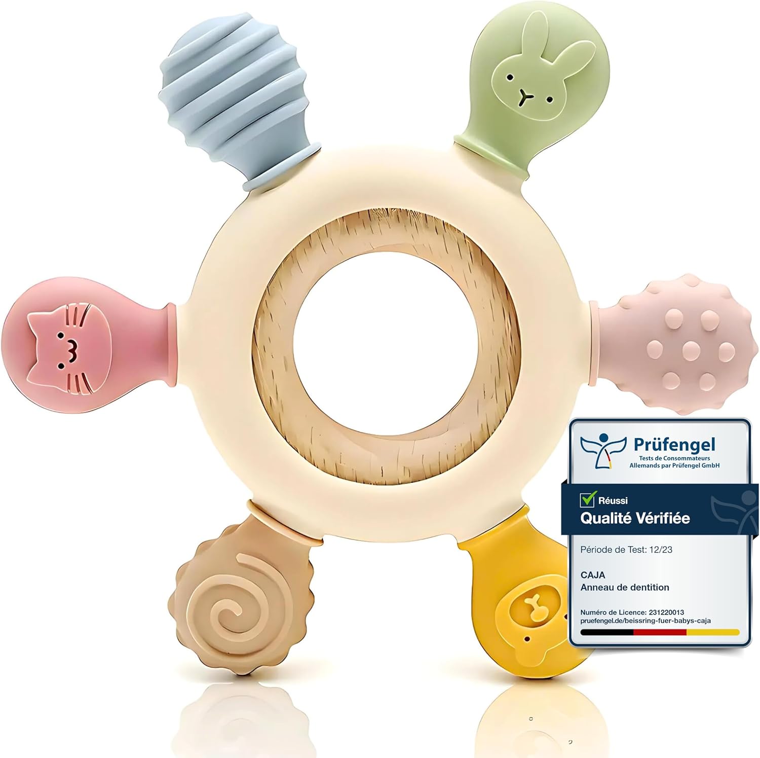 CAJA anneau de dentition bébé en silicone et bois jouet de dentition sans BPA motif animal cadeau naissance garçon fille prise facile