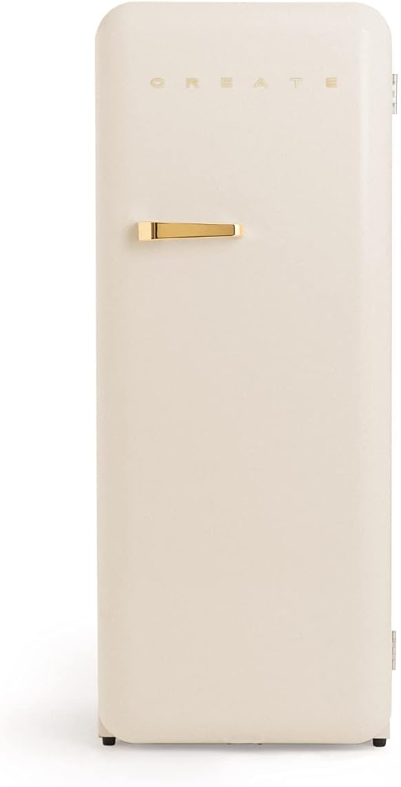 CREATE / RETRO FRIDGE 150 GOLD/Réfrigérateur blan cassé avec poignée dorée et congélateur 281L / 102W, faible consommation, 150 cm, 3 étagères, régulateur de température, 60x60x150 cm