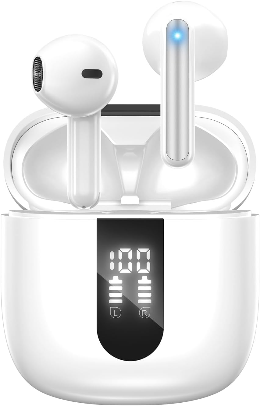 Ecouteurs Bluetooth sans Fil, Écouteurs sans Fil Bluetooth 5.4, 6 Micro ENC Anti Bruit, Basses Puissantes, 60H de Lecture, étanchéité IP5, Oreillette pour iphone Android (Blanc)