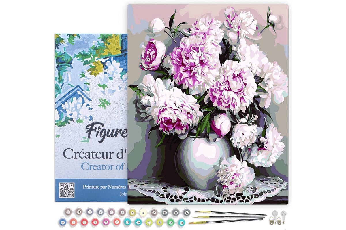 Figured'Art Peinture par Numéro Adulte avec Cadre Vase de Pivoines - Activité Manuelle Kit de Loisir Créatif DIY Numéro d'Art Complet - 40x50cm toile tendue sur châssis