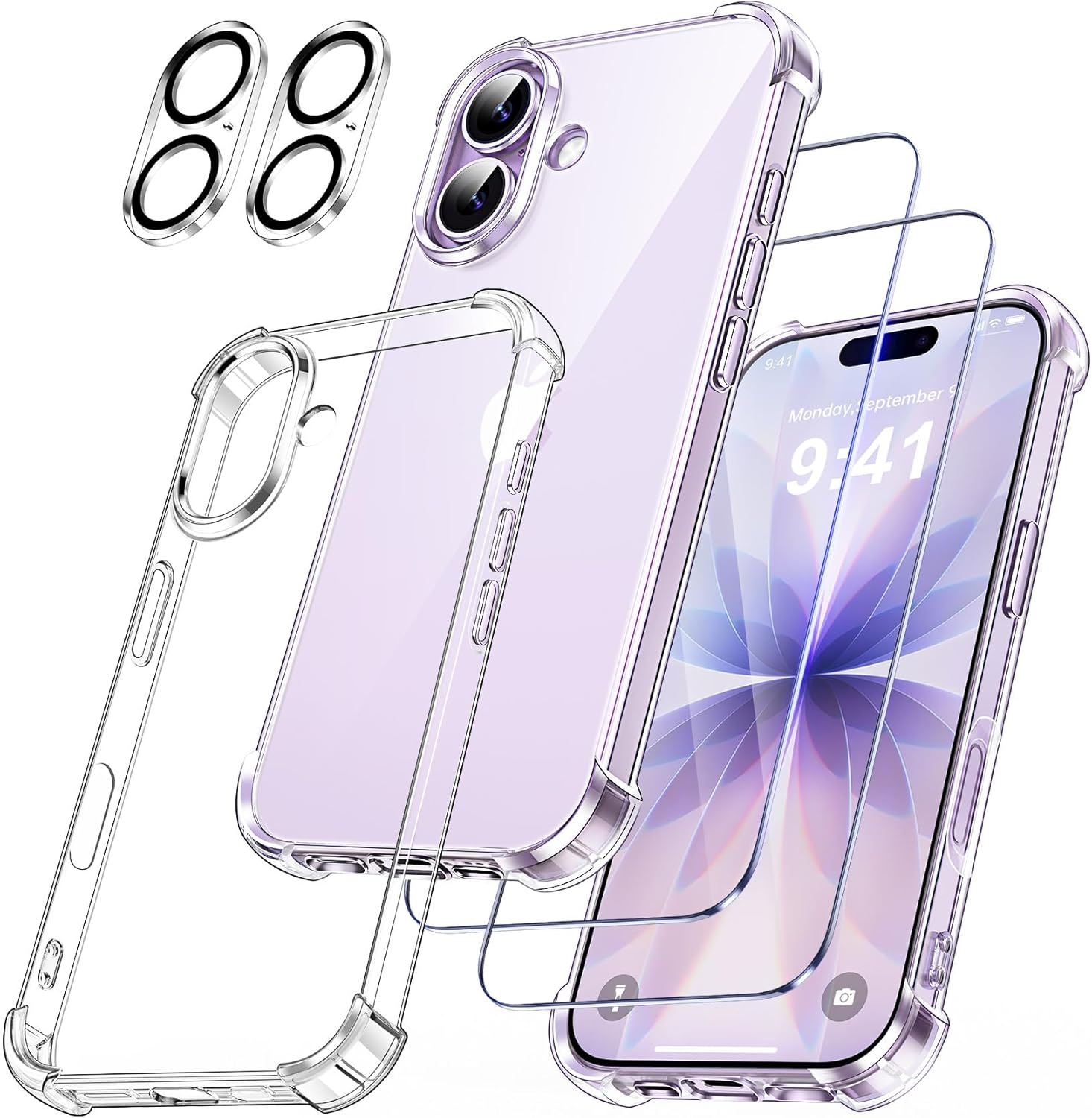 FLLAO 5 en 1 Coque pour iPhone 17 avec 2 Verre Trempé et 2 Caméra Protecteur, [Coussin d'air Intégré] Antichoc Antirayures Bumper Protection Housse pour iPhone 17 6.3", Transparent