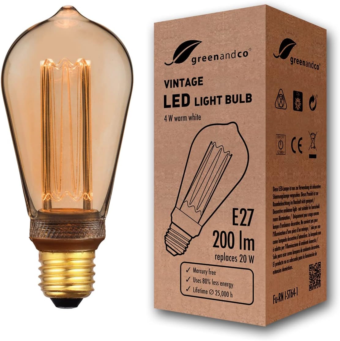 greenandco Ampoule à LED Décorative Style Vintage | E27 ST64 | ambre | 4W 200lm | 1800K blanc très chaud | 320° | 230V | aucun scintillement | non-dimmable