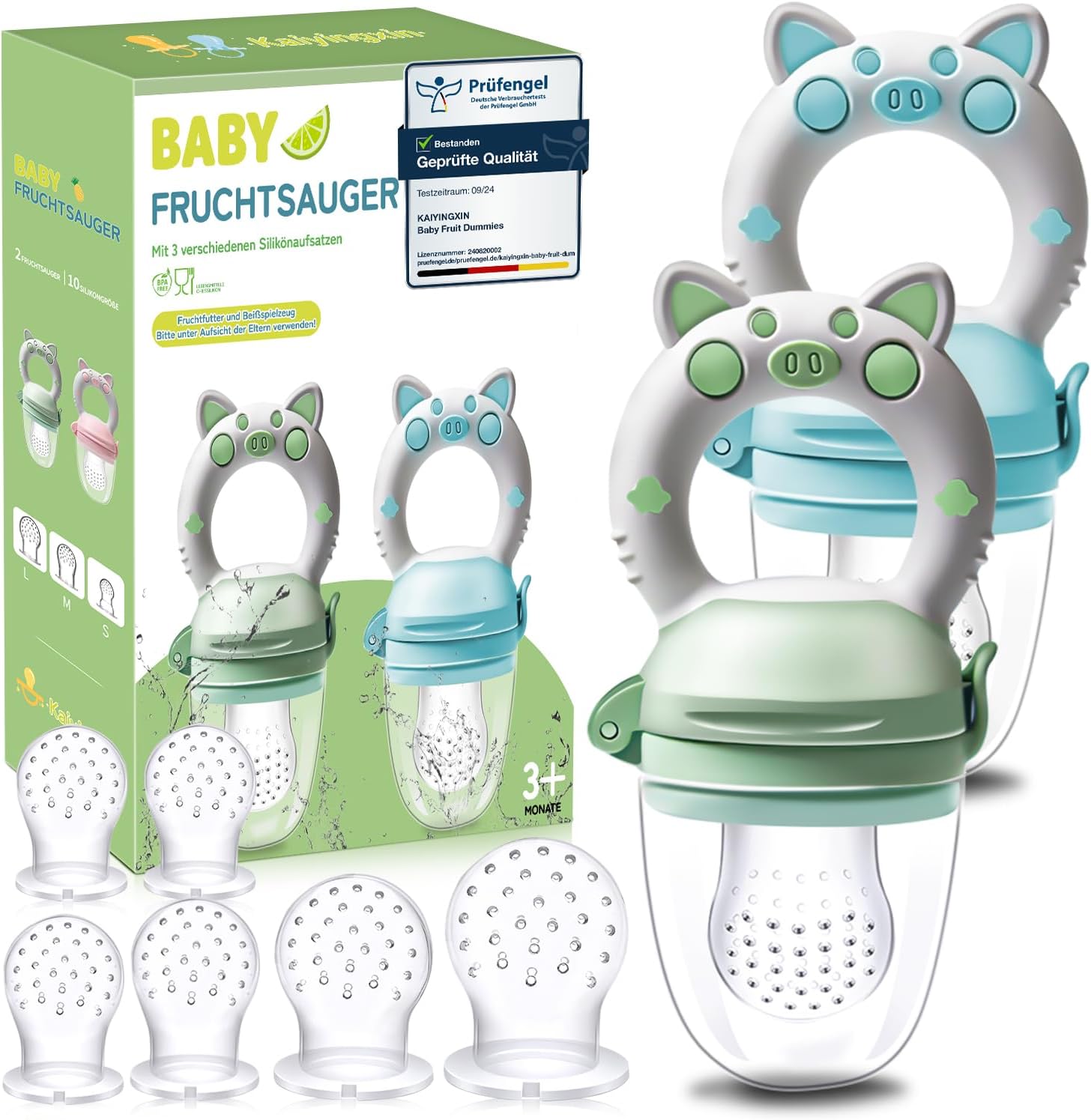Grignoteuse Bébé Tetine Bebe - 2 Fruit Grignoteuses + 8 Tailles de Tétines Sans BPA, Tetine Grignoteuse Bebe Diversification Alimentaire Bébé pour Enfants de 3 à 24, Vert+Bleu