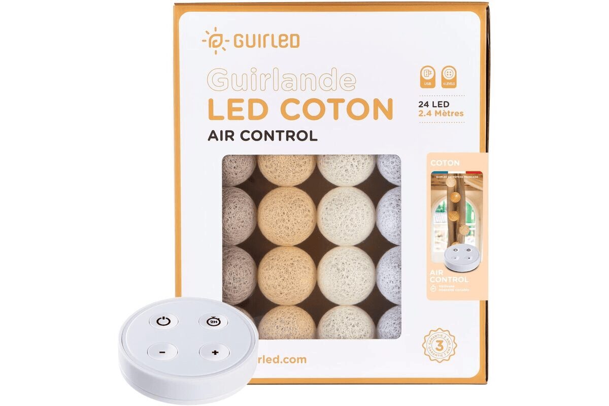 GuirLED - Guirlande lumineuse boules coton LED USB - Télécommande sans fil - Veilleuse bébé 2h - Adaptateur secteur double USB 2A inclus - 4 intensités - 24 boules 2.4m - Coton