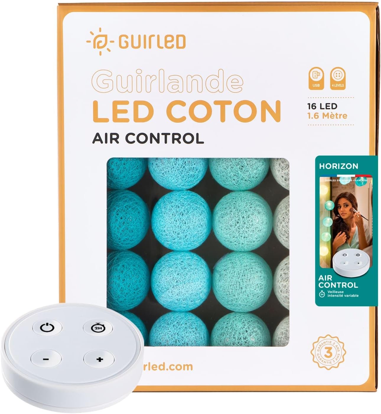 GuirLED - Guirlande lumineuse boules coton LED USB - Télécommande sans fil - Veilleuse bébé 2h - Adaptateur secteur double USB 2A inclus - 4 intensités - 16 boules 1.6m - Horizon