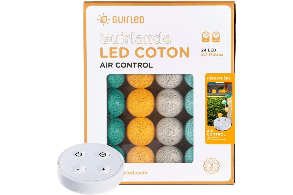 GuirLED - Guirlande lumineuse boules coton LED USB - Télécommande sans fil - Veilleuse bébé 2h - Adaptateur secteur double USB 2A inclus - 4 intensités - 24 boules 2.4m - Hémisphère
