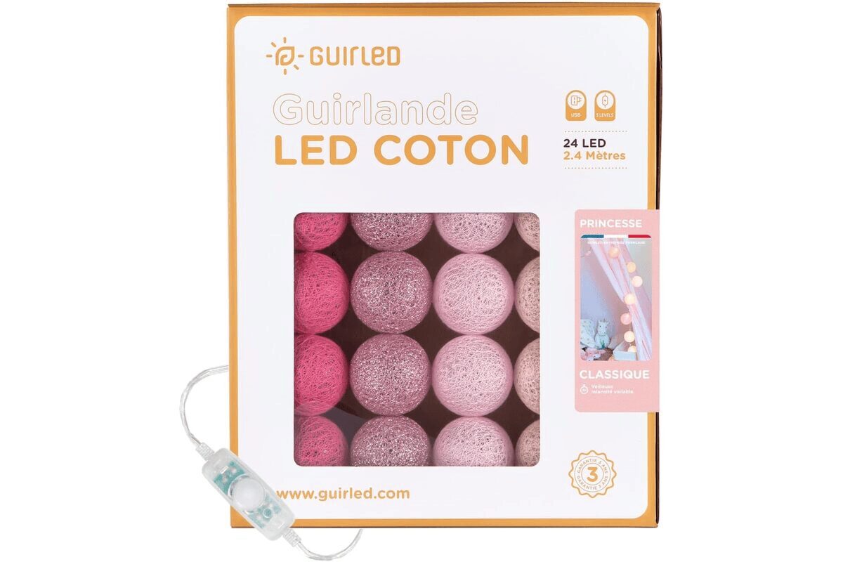 GuirLED - Guirlande lumineuse boules coton LED USB - Veilleuse bébé 2h - Adaptateur secteur double USB 2A inclus - 3 intensités - 24 boules 2.4m - Princesse