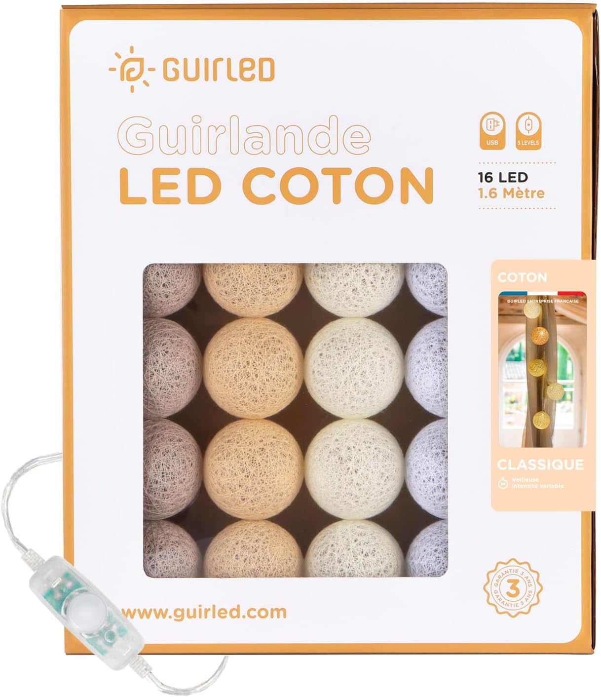 GuirLED - Guirlande lumineuse boules coton LED USB - Veilleuse bébé 2h - Adaptateur secteur double USB 2A inclus - 3 intensités - 16 boules 1.6m - Coton