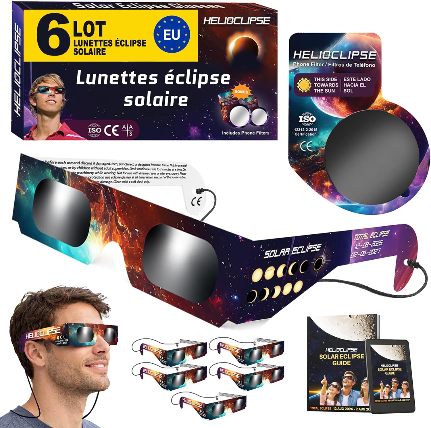 Helioclipse - Lot de 6 Lunettes Éclipse Solaire ISO 12312-2 - Lunette Éclipse Solaire Certifiée pour Éclipse de Soleil Totale ou Partielle - Bonus 1x Filtre pour Téléphone