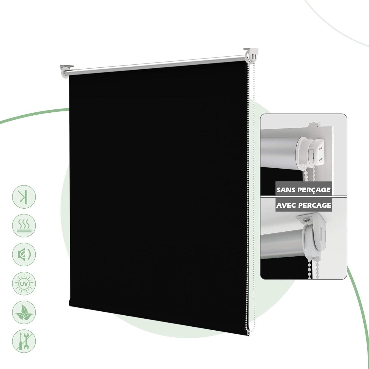 HOMEDEMO Store Enrouleur Occultant Isolant Thermique Opaque, Rideau Occultant, Fixation avec ou sans Perçage, 50l x 100L cm, Largeur du Tissu 50cm, Noir