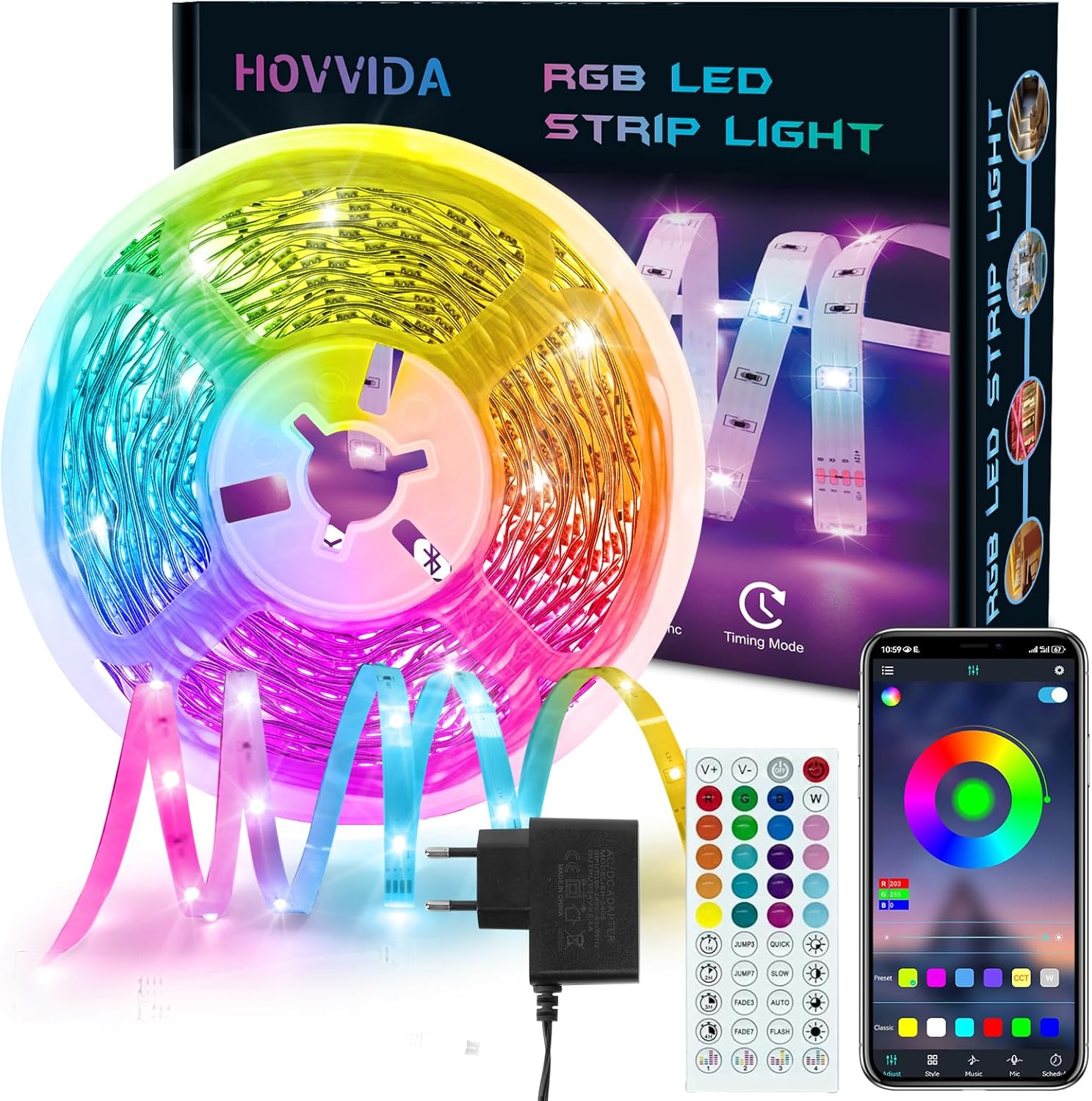 HOVVIDA Ruban LED 10M, 1x10M, 30 LED/Mètre, 24V RVB Bande LED, 300 LED, APP et Télécommande, Synchronisation de la Musique, Mode Minuterie, pour Chambre, Salle de Jeux, Fête, Festival
