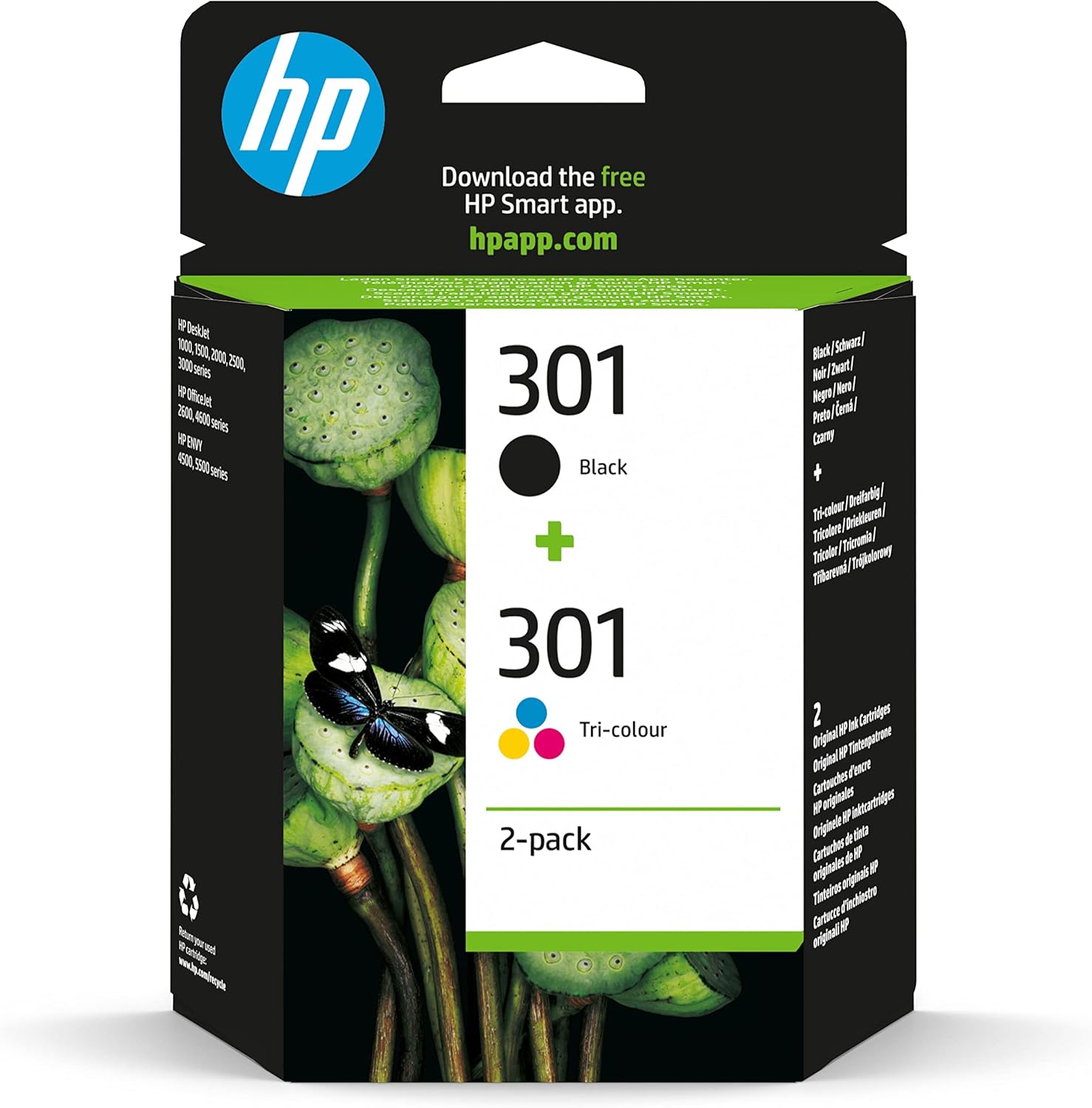 HP 301, Pack de 2 cartouches d'Encre Originales, N9J72AE, Noir, Jaune, Cyan, Magenta, HP DeskJet 1000/ 1050A / 1500/ 2000 / 2050A/ 2130 / 2500 / 3000, ENVY 4500 / 5500, OfficeJet 2620 / 4630