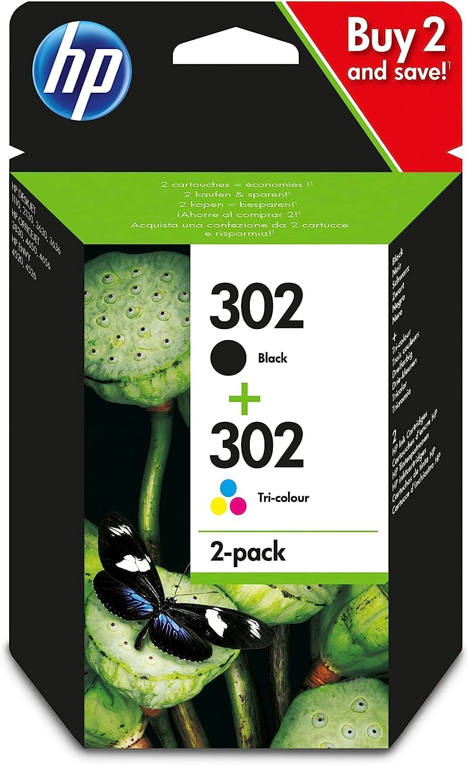 HP 302, Pack de 2 cartouches d'Encre Originales, X4D37AE, Noir, Cyane, Jaune, Magenta, Compatible avec les imprimantes DeskJet 1110/2100/ 3600, ENVY 4500, OfficeJet 3800 / 4600/ 5200