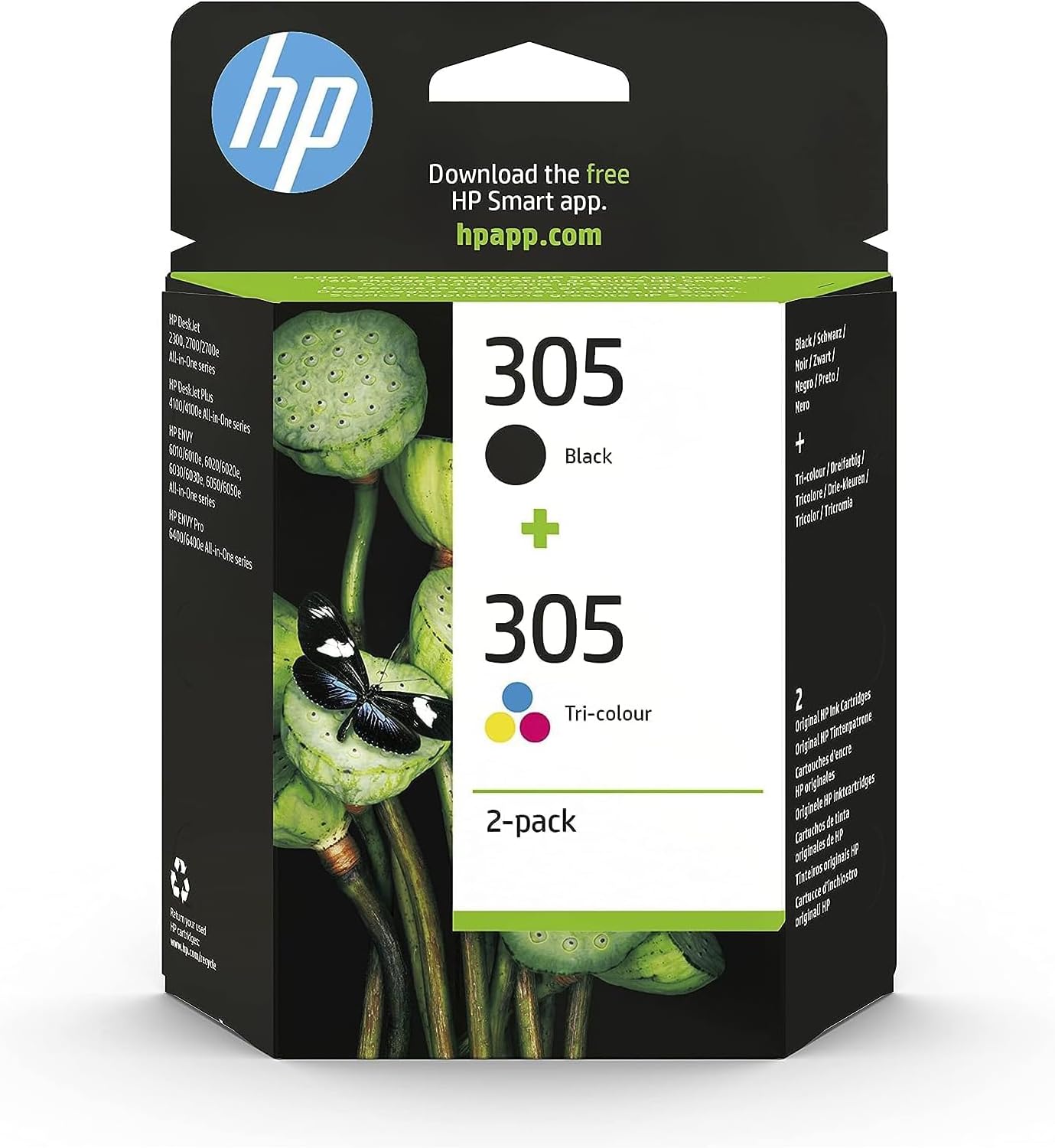 HP 305, Pack de 2 Cartouches d’Encre Originales, 6ZD17AE, Noir, Cyan, Jaune, Magenta, Compatible avec HP DeskJet 2700/ 4100, HP Envy 6000/ 6400