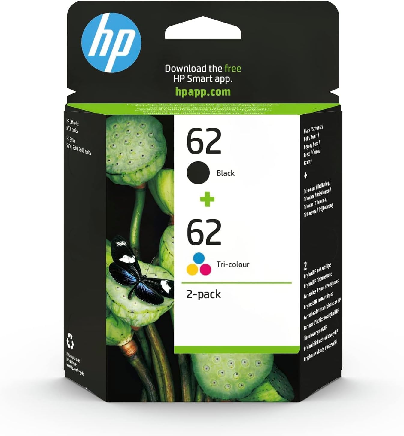HP 62, Pack de 2 cartouches d'Encre Originales, N9J71AE, Noir, Jaune, Cyan, Magenta, Compatible avec les imprimantes Envy 5500/5600 / 7600, OfficeJet 200 / 250 / 5700