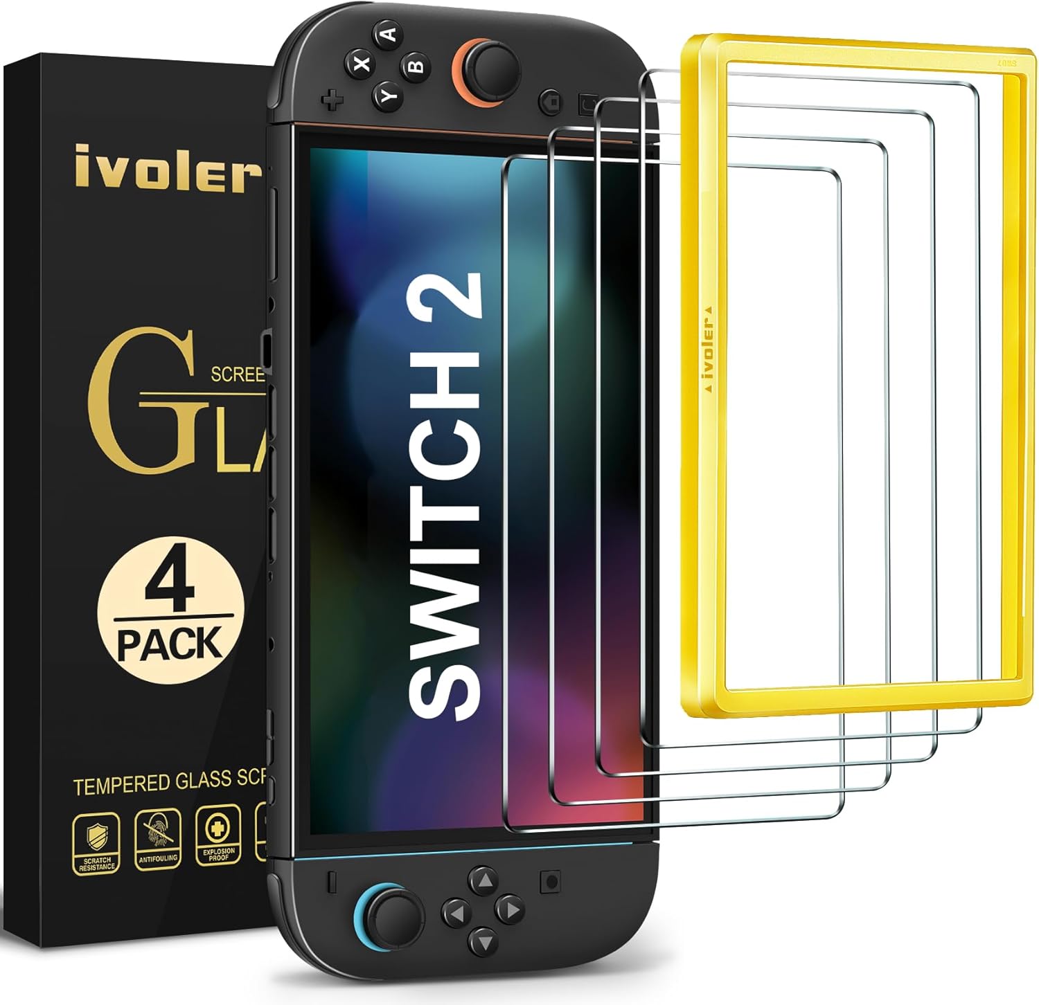 ivoler Pack de 4 Verre Trempé pour Nintendo Switch 2 Model 2025, avec Kit Installation Offert, installation en 30 secondes Film de Protection d’écran - 9H Glass - Anti Rayures - Sans Bulles