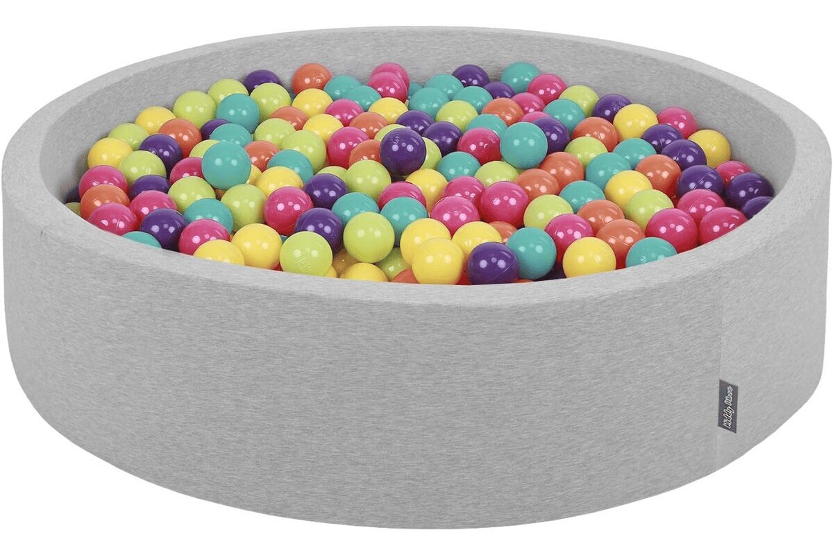 KiddyMoon Piscine À Balles pour Bébé Rond 120X30cm/200 Balles 7Cm Grande Fosses À Boules Jouet Enfant, Gris Cl:Vert Cl-Jaune-Turq-Orang-Rose Foncé-Violet