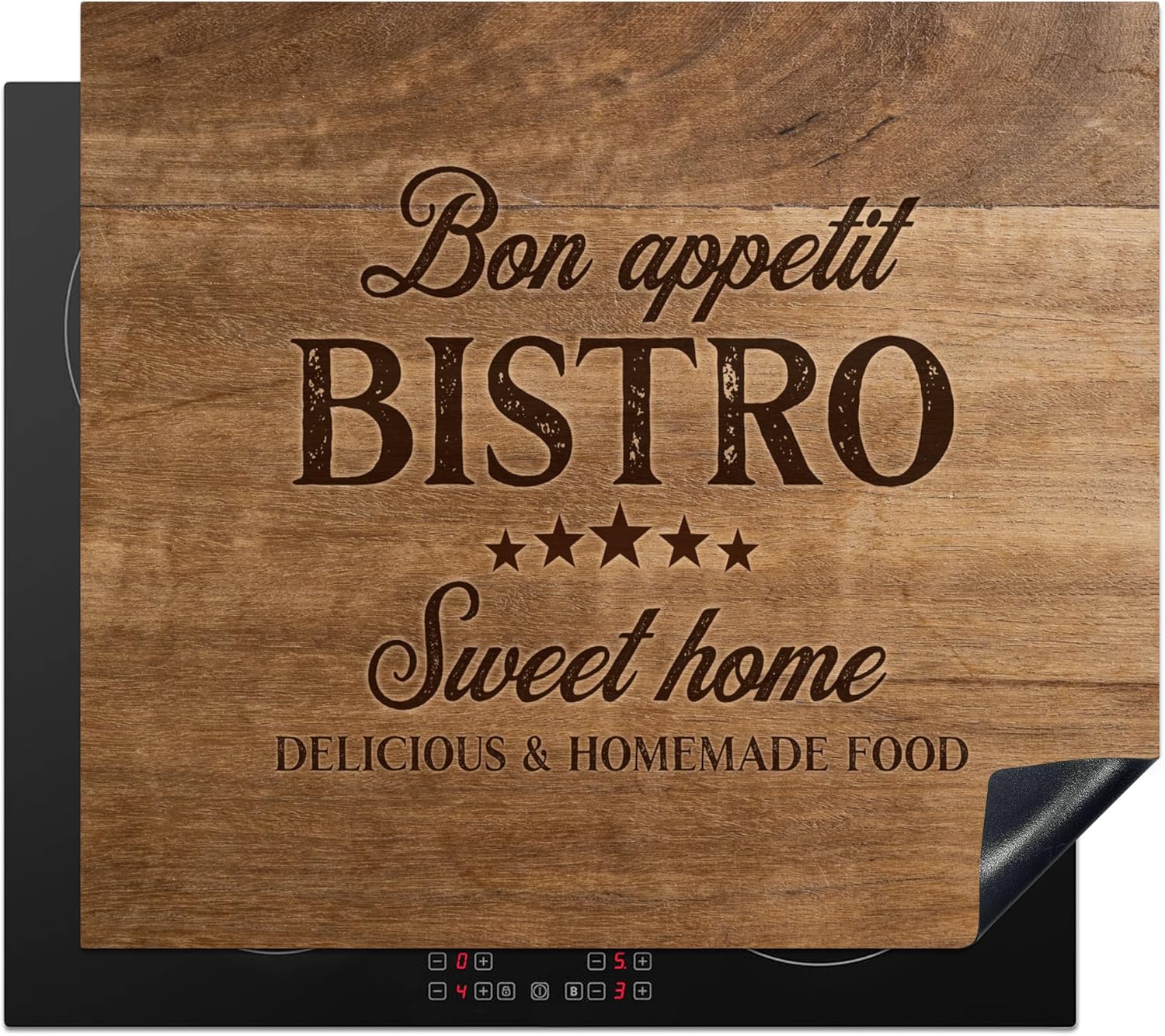 KitchenYeah© Protege Plaque Induction 59x52 cm Deco Cuisine Accessoires Pratique Protection De Vitroceramique Citation - Bistro - Bon appétit - Sweet home - Texture du bois - 59x52 cm