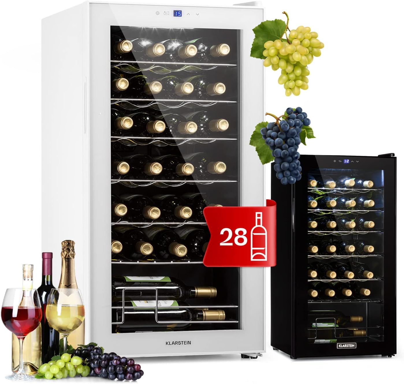Klarstein Shiraz Cave a Vin, Réfrigérateur à Vin à une Zone, Cave à Vin de Vieillissement, Prosecco et Bière, Ecran Tactile, Réfrigérateur de Bar, Frigo Interieur/Exterieur, 5-18°C, 28 Bouteilles