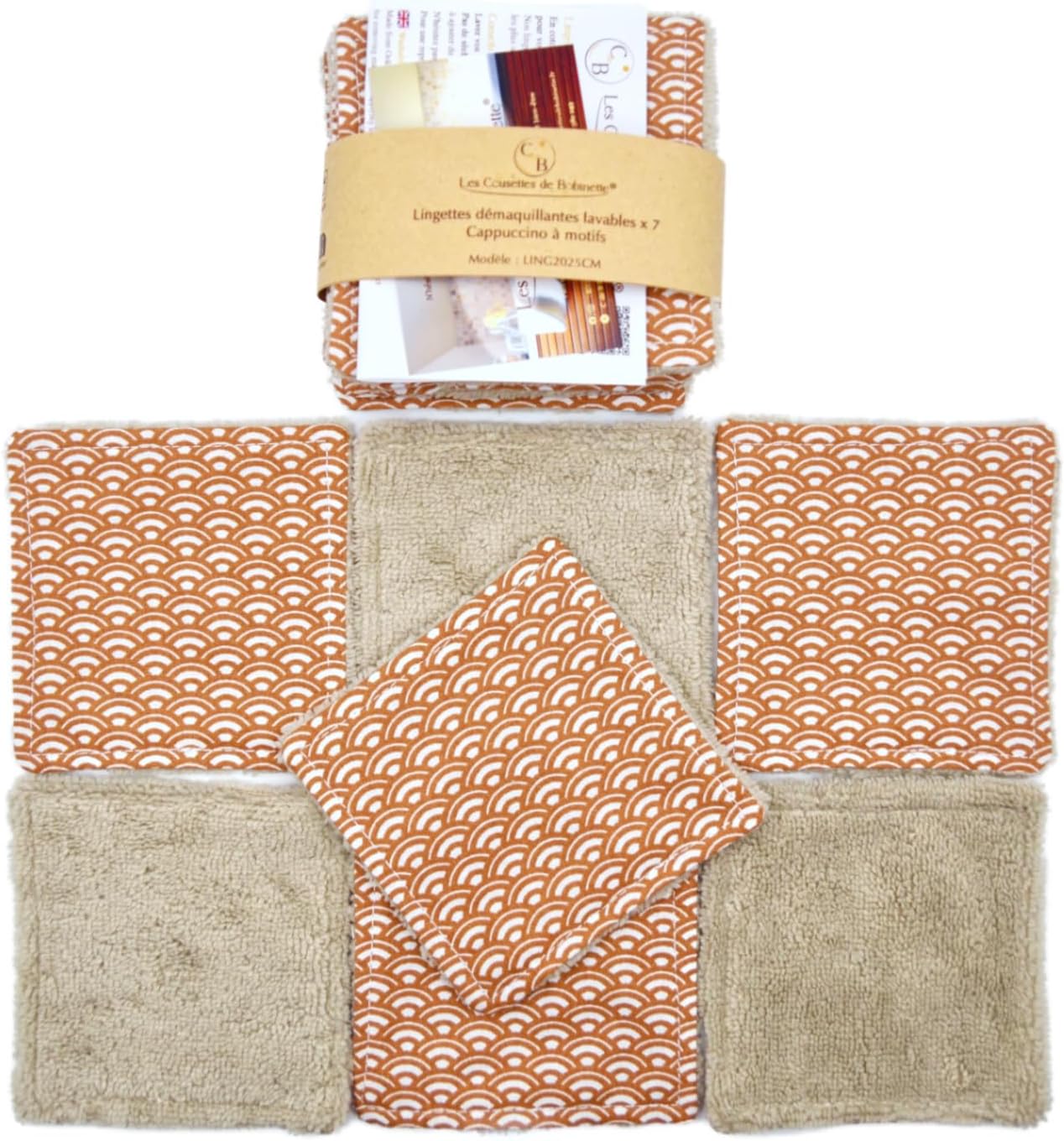 Lingettes démaquillantes lavables bambou, cotons réutilisables, pads, fait main, lot de 7 (Cappuccino à motifs)