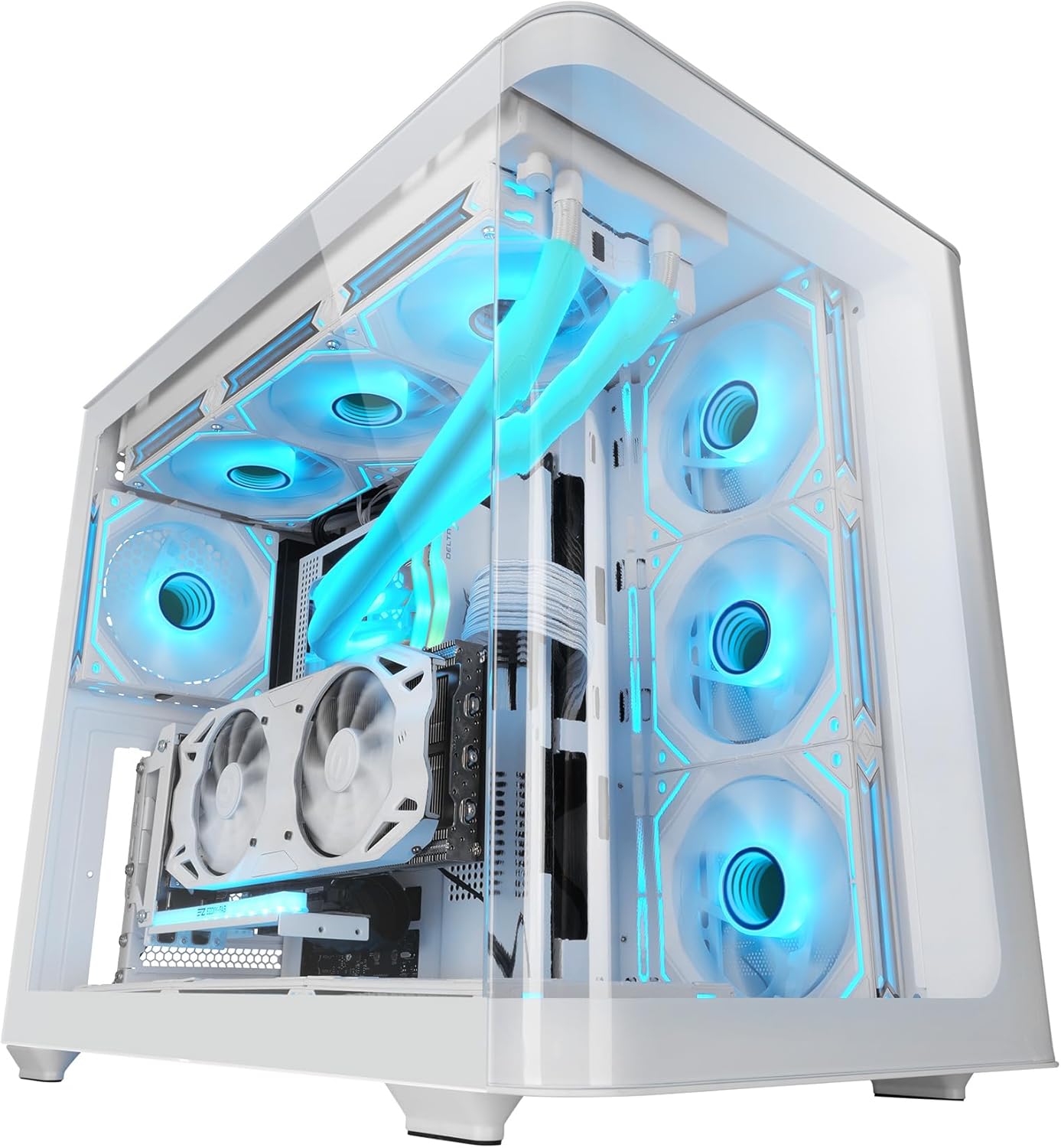 Mars Gaming MC-FUSION, Boîtier Gaming ATX, Fenêtre Latérale Complète et Façade Verre Trempé Courbé Continu, Semi-Tour PC Double Chambre, Support Refroidissement Liquide, Espace Interne Optimisé, Blanc