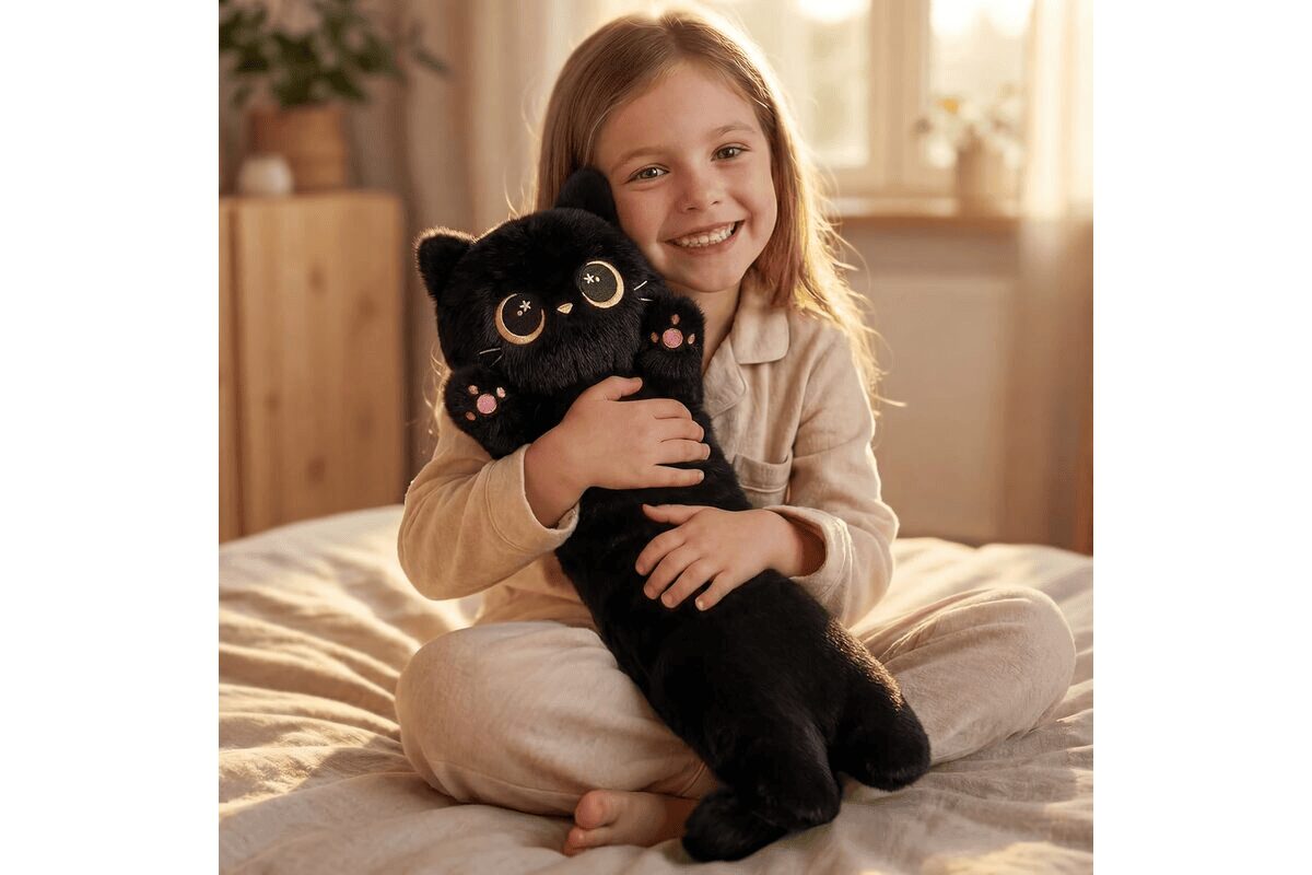 Mewaii Kawaii Mignon Chat Noir en Peluche Coussin Long 50CM, Oreiller d'animaux Poupée Jouets Kawaii Moelleux Confort Oreiller en Peluche pour Adolescents Cadeau