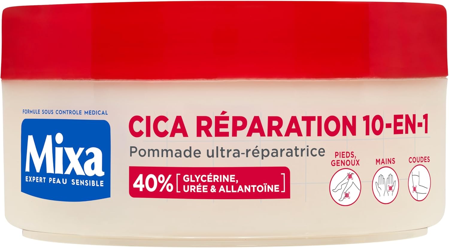 Mixa Expert Peau Sensible - Pommade Ultra-Réparatrice Cica Réparation 10-en-1 - Peaux Extra Sèches et Rugosités - Pieds, Genoux, Mains, Coudes - 100H d'Hydratation - Hypoallergénique - 150 ml