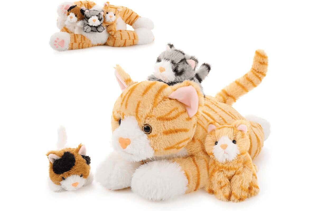 MorisMos Peluche Chat, 40cm Mom avec 3 Kawaii Chatons Realiste Jaune Peluche en Chat Cadeau pour Enfant Petite Amie Saint-Valentin Anniversaire Noël Déco