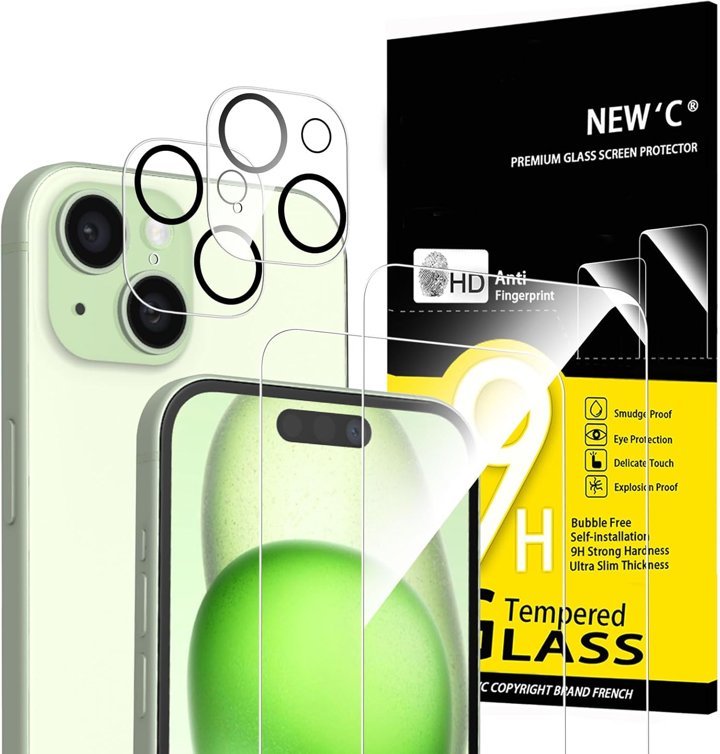 NEW'C Lot de 4, 2 x Verre Trempé pour iPhone 15 (6.1") et 2 x Protection Caméra Arrière - Anti Rayures - sans Bulles d'air -Ultra Résistant - Dureté 9H Glass