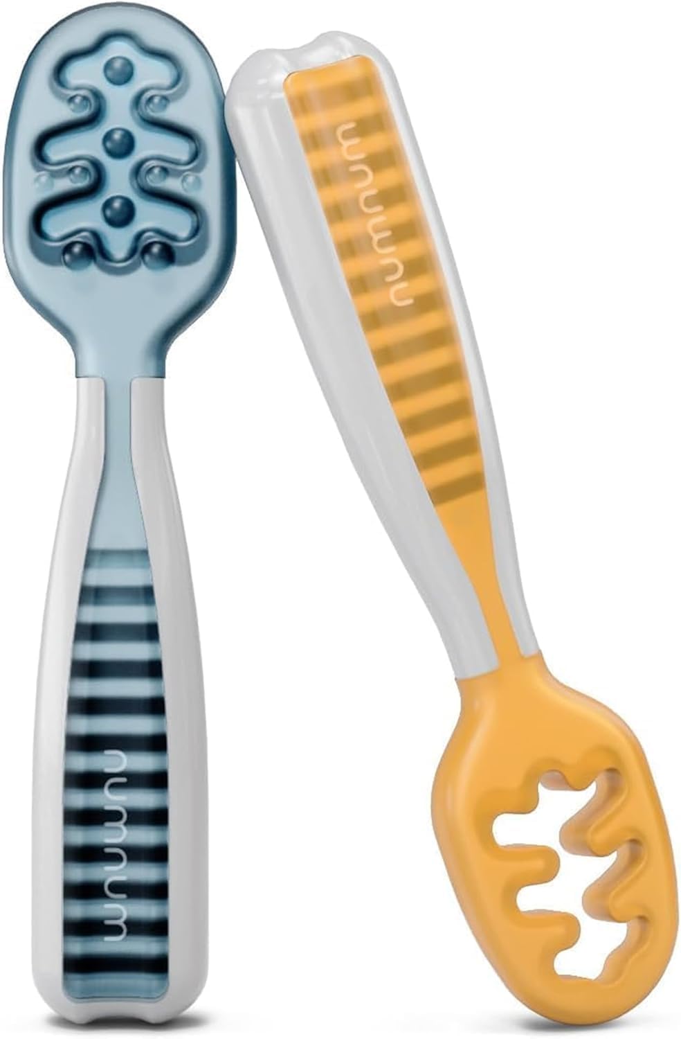 NumNum GOOtensils Cuillère Bébé 1er Âge - Étape 1+2 Silicone Cuillere Bebe Apprentissage 6+ Mois - Idéale Couvert pour Diversification Alimentaire Bébé et Autonomie - Sans BPA - Lot de 2 (Bleu/Orange)