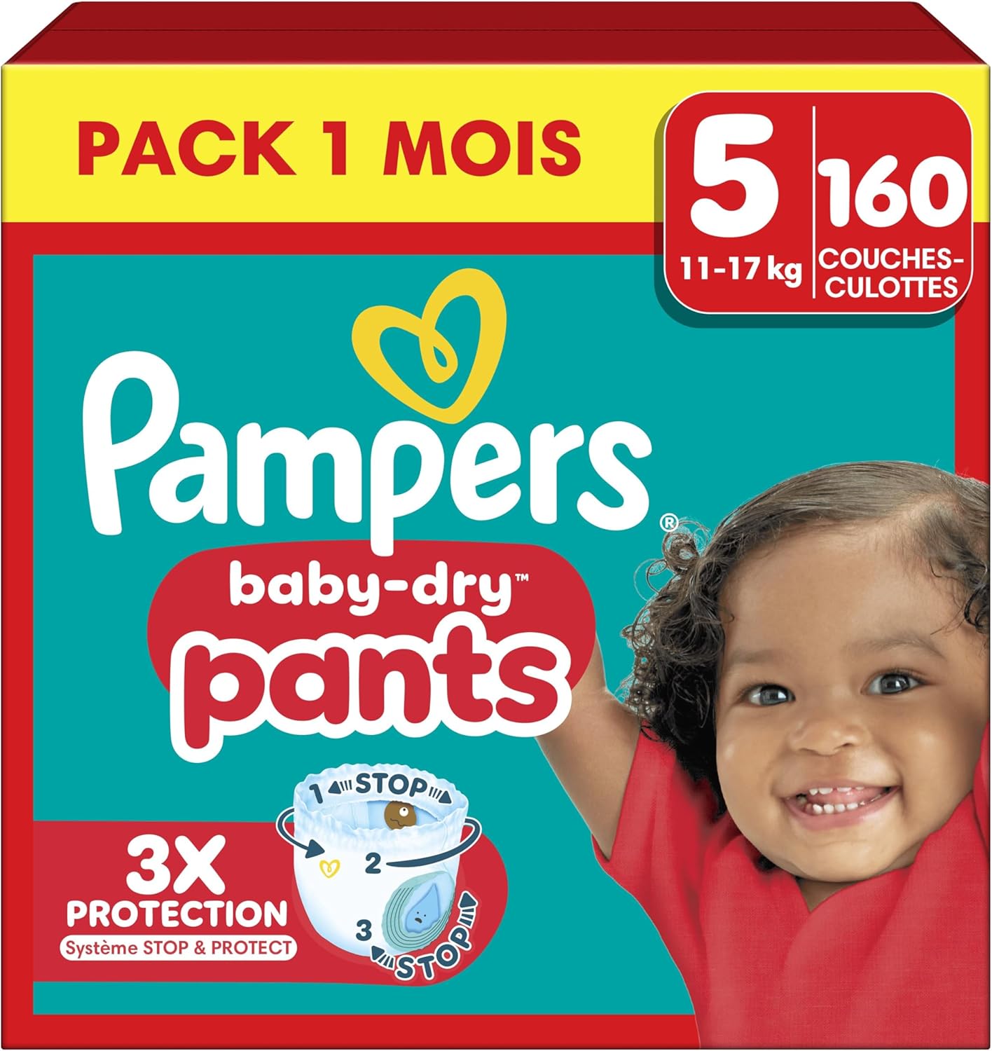 Pampers Baby-Dry Pants, Taille 5, 160 Couches-Culottes, 12-17kg, Maintien 360° Contre Les Fuites Avec Une Poche Stop & Protect Pour Une Nuit Jusqu'à 100% Sans Fuites, Pack 1 Mois