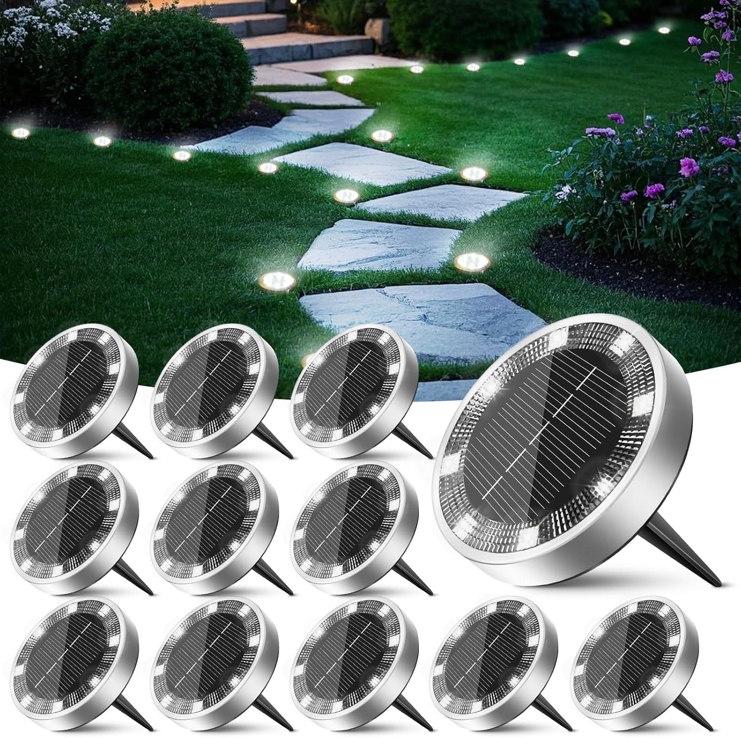 Peasur Lampe Solaire Au Sol Lot de 12, Lumiere Solaire Exterieur Jardin 8 LED, Étanche Spot Solaire Extérieur, Eclairage Solaires pour Terrasse Allée Chemins Pelouse Cour Piscine[Blanc Froid]