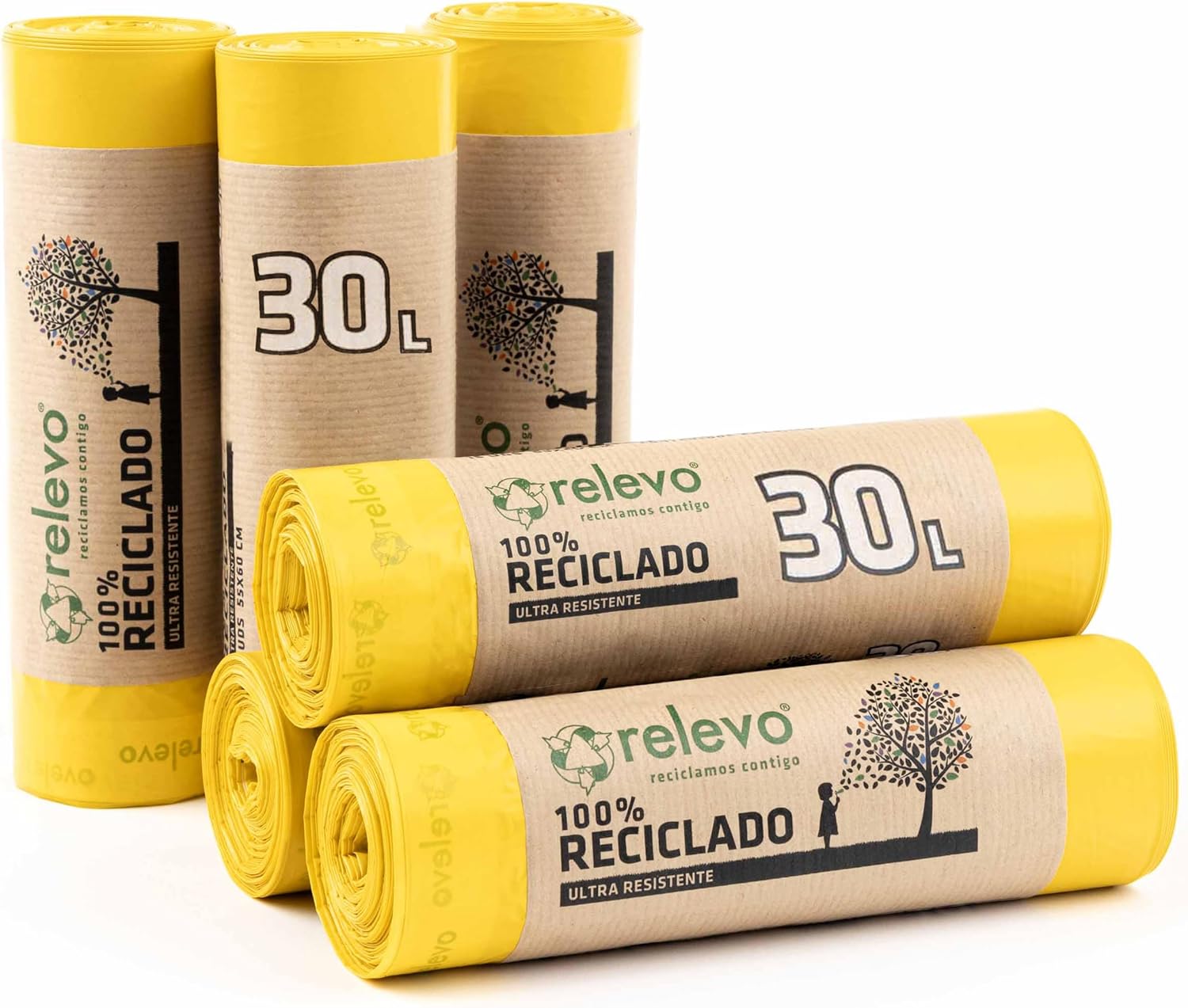 Relevo Sacs Poubelle Jaunes avec Liens Coulissants – 30L (Largeur 55 cm x Hauteur 60 cm), 90 Sacs (6 Rouleaux × 15 Sacs) | Sacs Poubelle Extra Résistants | 100% PEBD Recyclé | Certifié Blue Angel