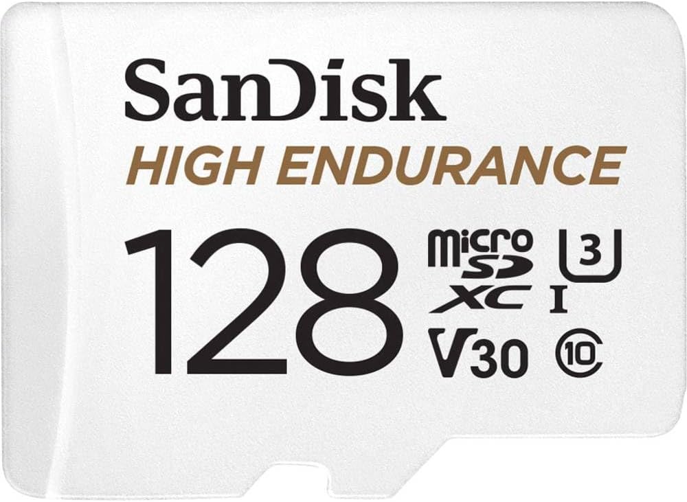 SanDisk 128 Go High Endurance carte microSDXC pour les caméras IP et les caméras embarquées + adaptateur SD jusqu'à 10 000 heures de vidéo Full HD / 4K jusqu'à 100 Mo/s UHS-I Class 10 U3 V30