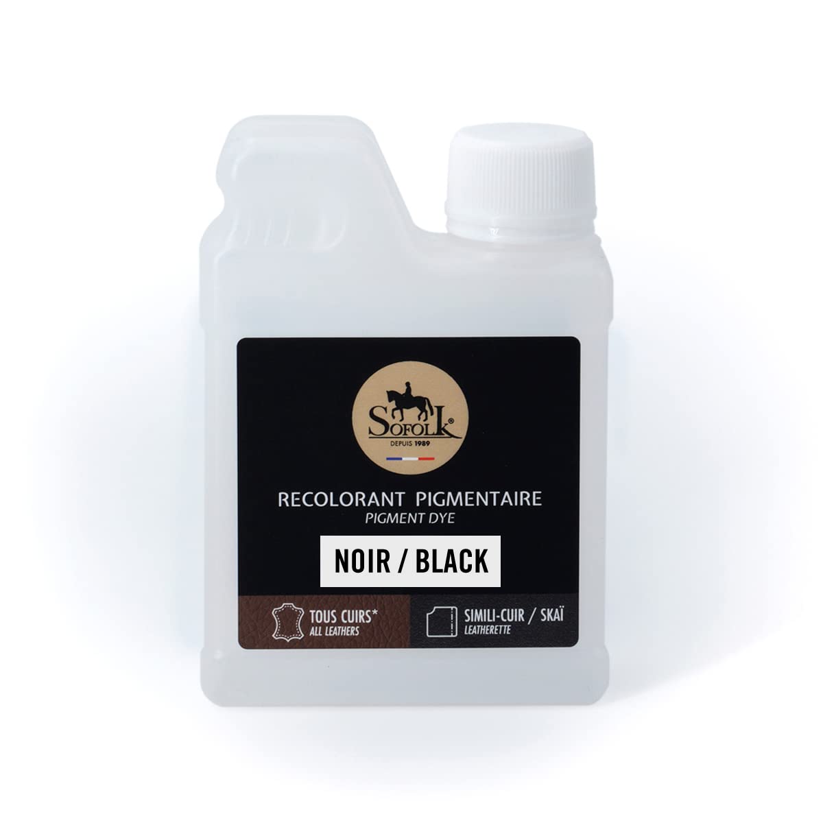 Sofolk - Peinture Cuir/Simili-Cuir - Recoloration pour Cuir Abimé, Rayé, Giffré, Décoloré - Volant de Voiture, Siège Auto, Canapé, Chaussure, Veste et Vêtements (250ml, 01-NOIR)