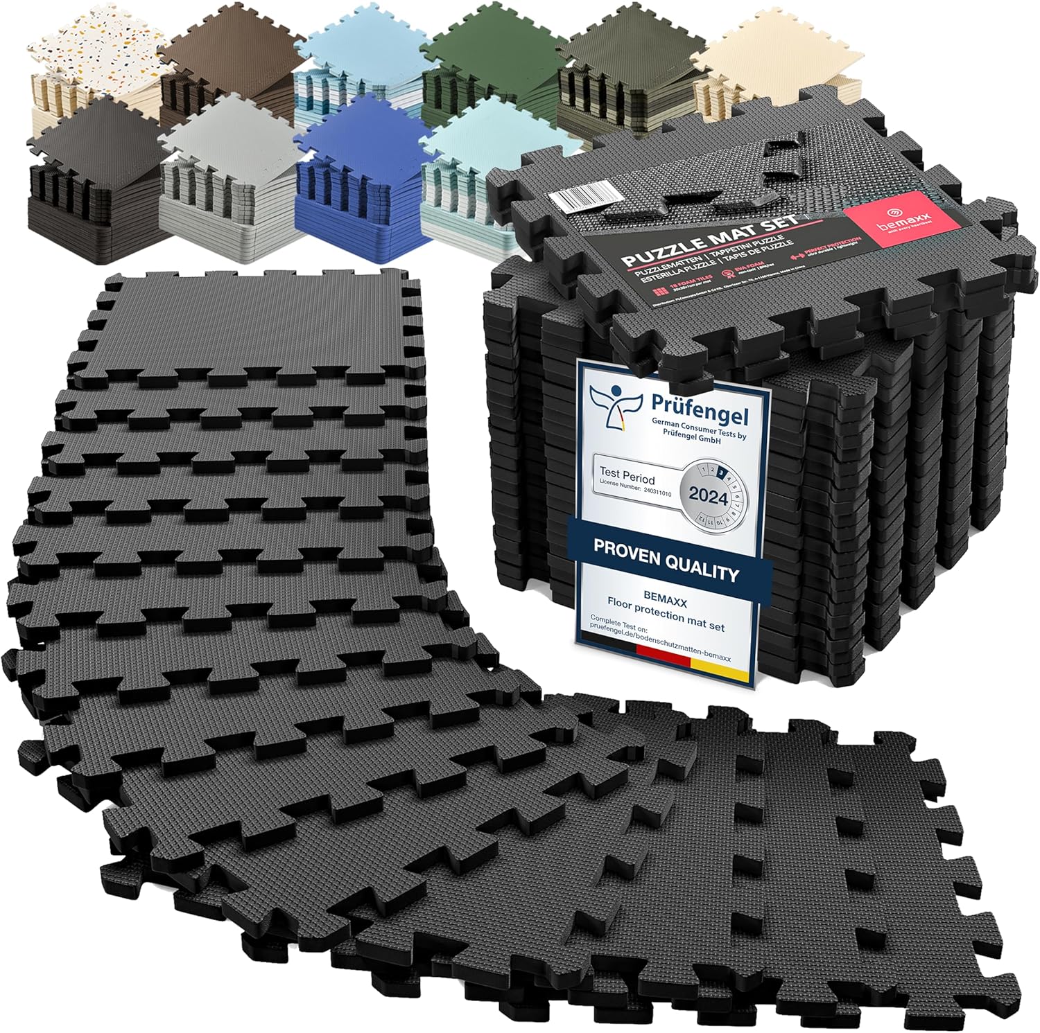 Tapis de Fitness Protection de Sol Salle de Sport - Dalles en Mousse sans BPA + Bordures | Matelas Puzzle Tatami EVA Caoutchouc pour Matériel Gym Banc de Musculation Course Garage Piscine Isolation