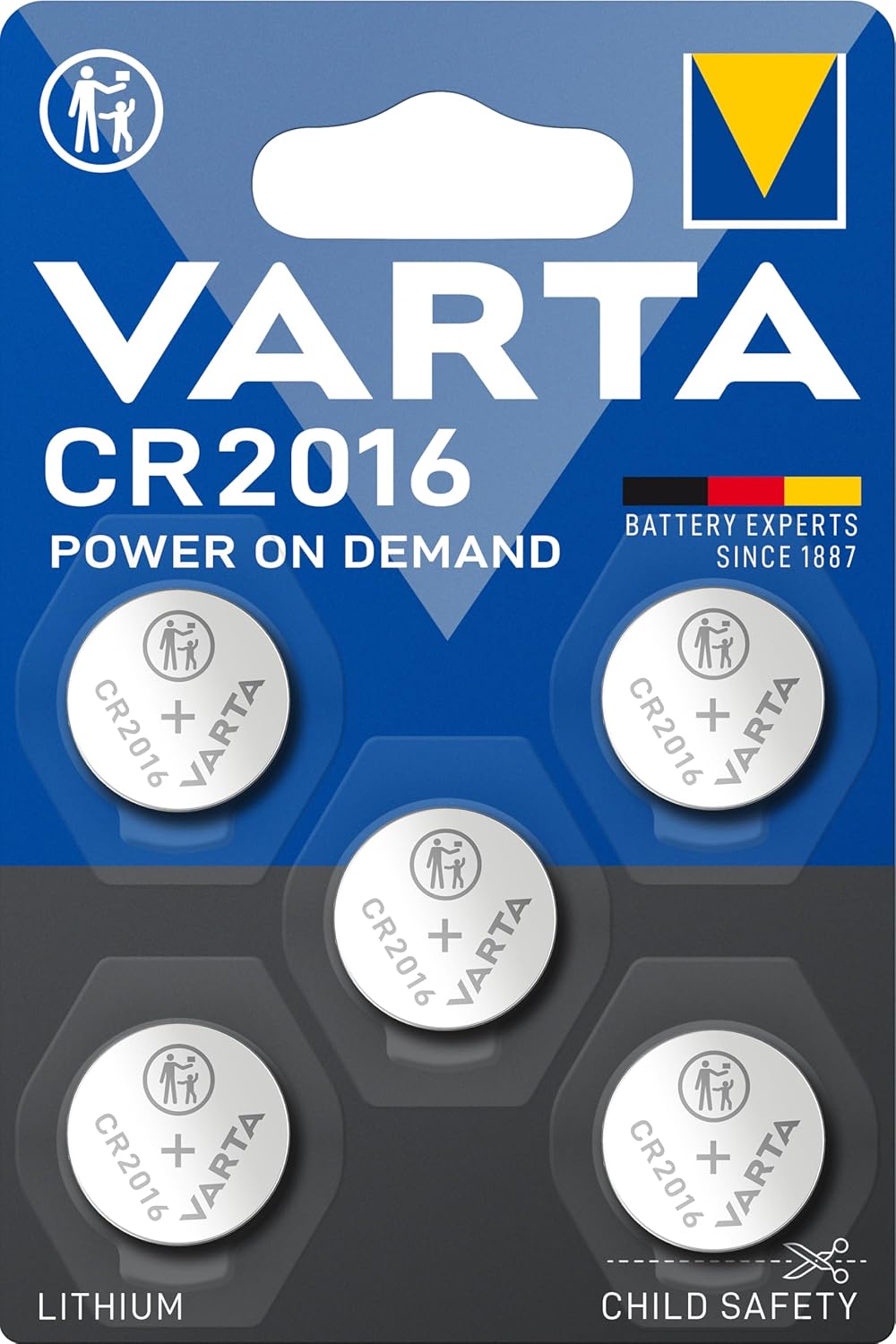 VARTA Piles Bouton CR2016, lot de 5, Lithium Coin, 3V, emballage sécurisé pour les enfants, pour petits appareils électroniques - clés de voiture, télécommandes, balances