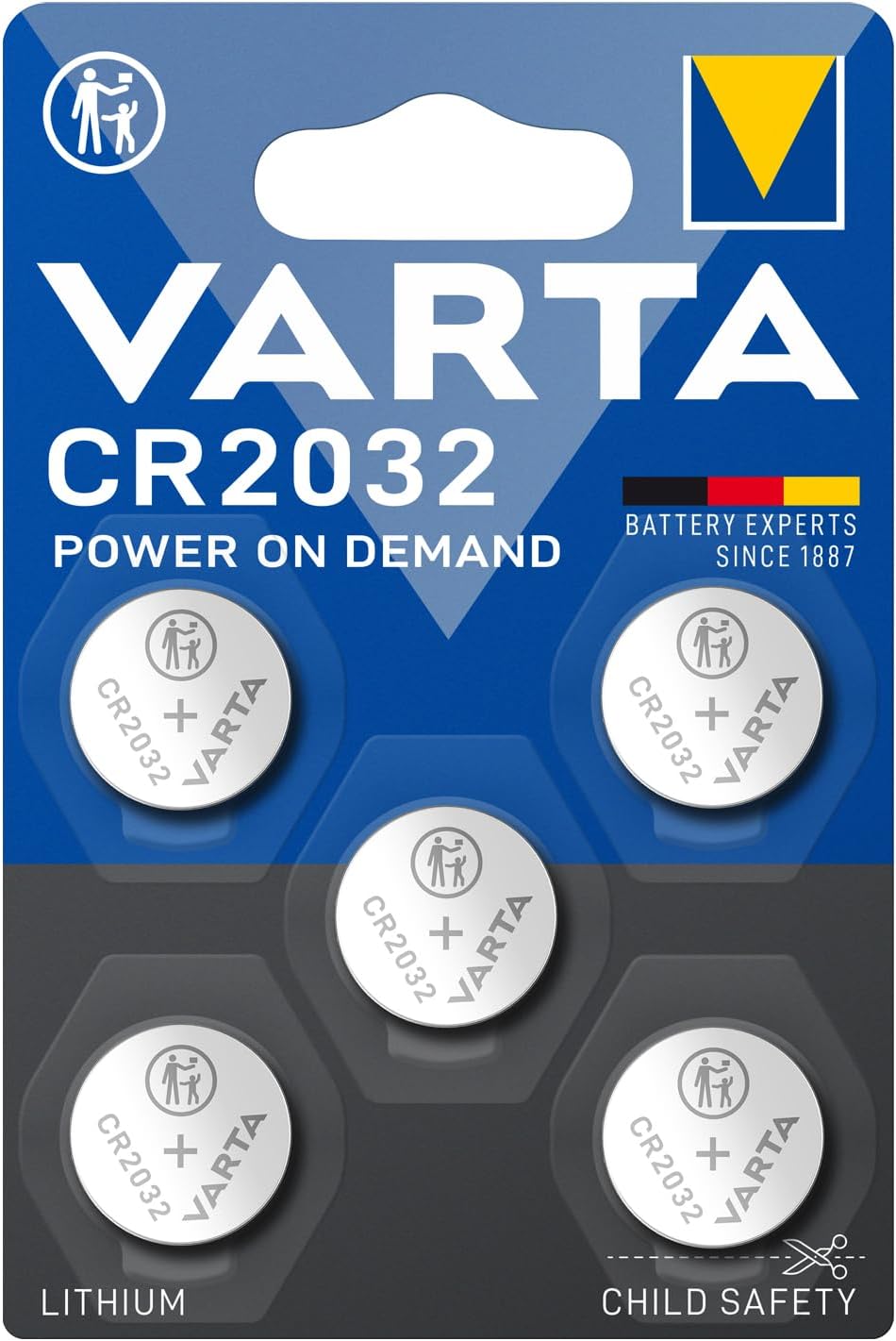 VARTA Piles Bouton CR2032, lot de 5, Power on Demand, Lithium, 3V, emballage sécurisé pour les enfants, pour petits appareils électroniques - clés de voiture, télécommandes, balances